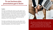 Business plan presentation slide features text on the left and an image of a workspace with charts and a laptop on the right.