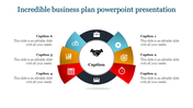 Business plan PPT slide featuring a circular infographic with six sections and icons, centered around a handshake icon.
