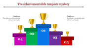 Trophy themed slide with five colored podiums numbered from 1 to 5, showcasing achievements, with space for captions.