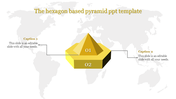 Minimalistic yellow hexagonal pyramid with two levels, and captions connected on either side of a world map background.