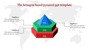Hexagon based 3D pyramid infographic with blue, green, and red layers, labeled 01, 02, and 03, accompanied by captions.