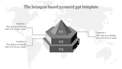 Gray layered hexagonal pyramid diagram with three levels and connected captions, set against a light world map.
