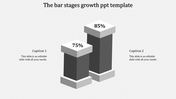 Monochrome gray bar stages growth PowerPoint slide with growth percentages and captions.