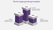 Purple bar stages growth PowerPoint template with percentage progress and captions.
