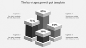 Monochrome bar stages growth PowerPoint template with growth percentages and captions.