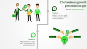 PowerPoint slide featuring businessmen exchanging money, symbolizing financial growth and collaboration in business.