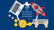 Flat design business PowerPoint slide featuring a laptop, rocket, keyboard, glasses, and gold coins on a blue background.