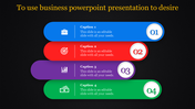 Four step colorful business PPT slide with captions and icons for briefcase, target, graph, and money with placeholder text.