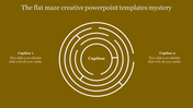 Creative PowerPoint template featuring a circular maze design in white on a mustard background with captions on either side.