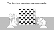 Creative PowerPoint slide with thin line chess pieces and a checkered chessboard at the center.