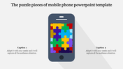 Mobile phone PowerPoint template featuring a colorful puzzle piece design within the screen, with two captions.