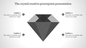 Illustrated gray gem shape in the center with four text blocks labeled as captions, accented by small diamond icons.