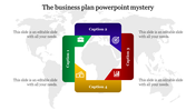 Four interconnected square shapes in green, blue, red, and yellow with icons and captions, overlaying a light world map.