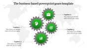 Business themed PowerPoint template with green gears symbolizing strategy, goals, innovation, and growth against a world map.