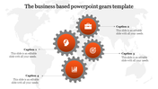 Business themed PowerPoint template featuring interconnected orange gears with icons and captions.