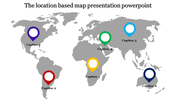 World map PowerPoint slide with six colored location markers labeled with captions.