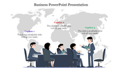 Business PowerPoint slide showing a team discussion around a table with a global map background and captions.