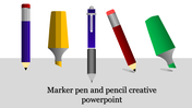 Illustration of a pencil, highlighter, pen, and marker arranged above the text marker pen and pencil creative slide.
