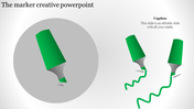 Creative PowerPoint slide featuring a green marker illustration with a circular focus and wavy green lines on the side.