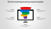 Colorful marketing funnel PowerPoint template displayed on a computer screen with five captions surrounding it.
