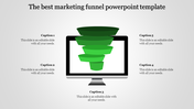 Green marketing funnel inside a computer monitor, surrounded by five captions on a gray background.