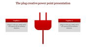 Red plug graphic as the centerpiece of a creative PowerPoint template with caption boxes on both sides.