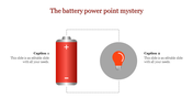Slide showing a red battery linked to an orange bulb inside a gray circle, with placeholder text areas.