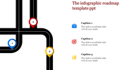 Roadmap infographic slide with a black pathway and numbered markers in blue, red, and yellow for step by step presentations.