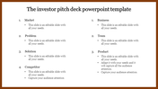 Investor pitch deck slide listing key sections market, problem, solution, competitor, business, team, and product with text.