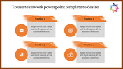 Teamwork slide with four orange icons, captions on gray backgrounds, and a colorful logo framed by brushstroke designs.
