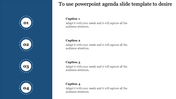 Agenda template with four numbered circles on the left in a blue strip and placeholder text areas on the right.