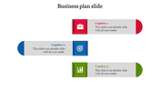 Structured business plan template with color-coded framed icons for key business elements, each connected to caption areas.