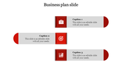 Business plan slide with red themed icons briefcase, target, and bar chart with captions.