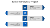 Business plan PowerPoint template featuring blue icons briefcase, target, bar chart, and money with captions.