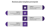 Business plan slide with four rows of purple framed icons, gray captions, and rounded shapes on each side.