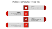 Structured business plan template with red-themed icons inside 3D square frames, illustrating different phases