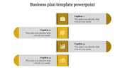 Business plan PowerPoint template featuring gold icons briefcase, target, bar chart, and money with captions.