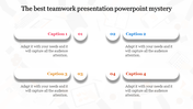 Teamwork slide with four horizontal captions in red, blue, orange, and red-orange, each paired with numbered circular icons.