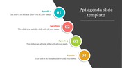 Agenda template featuring four colorful numbered circles (01 to 04) with matching captions and a dark background.