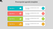 Agenda slide design featuring teal, coral, green, and orange horizontal bars, each with an icon and number.