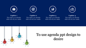 Agenda slide with icons in circles on a dark blue background, colorful hanging light bulbs, and text below.