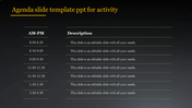 Agenda PPT slide with a schedule divided into time slots and descriptions for each.