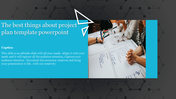 A team working together on a project plan template with the text and caption on a blue theme.