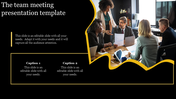 Group of professionals in a meeting, analyzing papers and reports, framed by a yellow wave, and captions on a black backdrop.