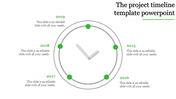 Project timeline slide with a circular clock like diagram featuring five green markers for years 2015 to 2019.