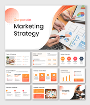 Corporate marketing strategy PPT with orange theme, charts, growth pillars, market overview and execution roadmap slides.