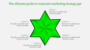 Corporate marketing strategy PowerPoint slide with a green star shape and six sections for captions.