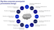 Big data-themed slide featuring a central gray cloud and 12 surrounding blue circular captions arranged symmetrically.
