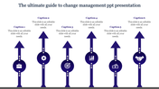 Change management PPT slide with vertical arrows representing different stages of management with captions and icons.
