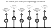 Slide featuring six vertical gray arrows with circular icons and descriptive captions aligned on top.